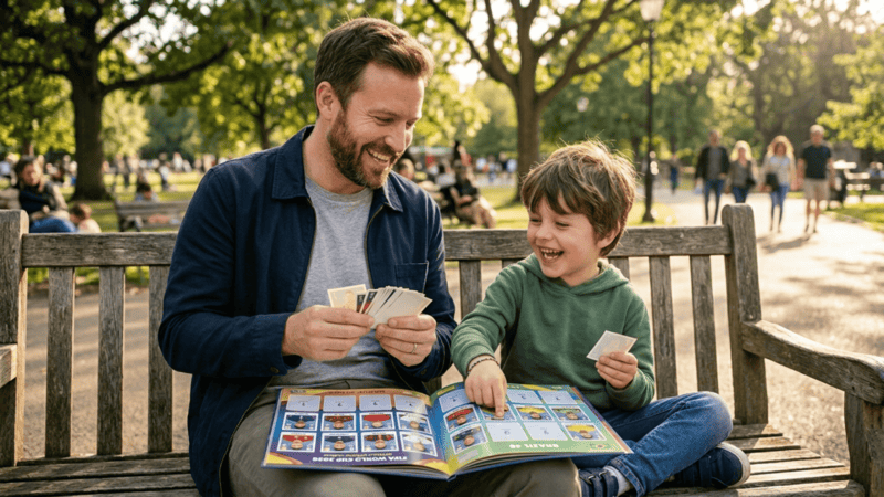 Pai e filho com álbum de figurinhas